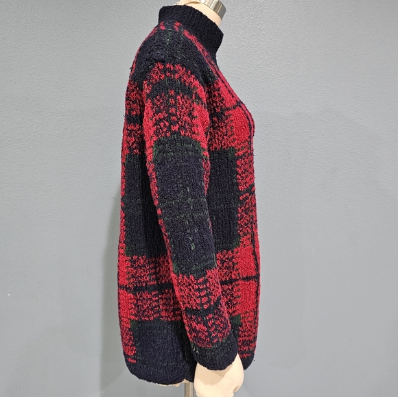 Vintage JONES NEW YORK Red Plaid Chenille Wool Blend Knit Oversized Sweater S - Picture 5 of 7